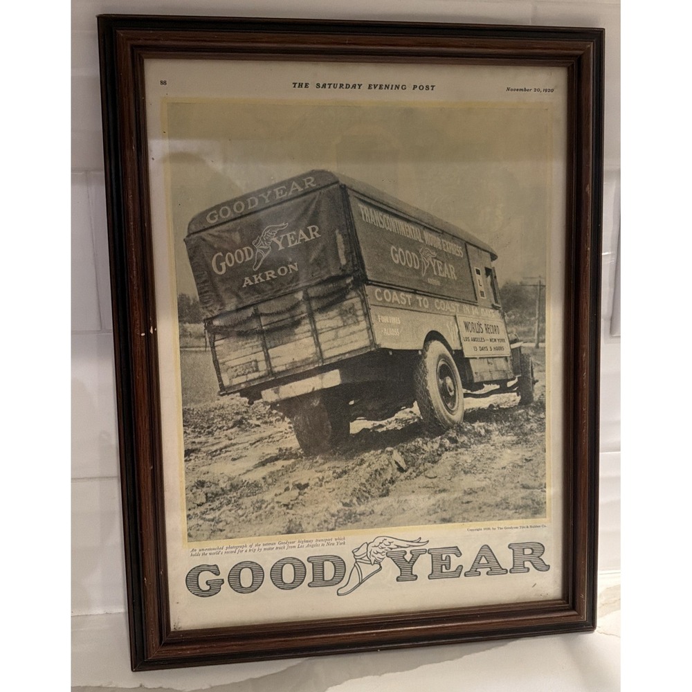 1920 Goodyear Tire Original Saturday Evening Post Framed Ad Page 15x12 Vintage
